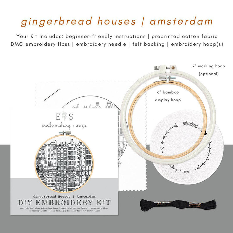 Gingerbread Houses of Amsterdam Hand Embroidery Kit Stitched Modern