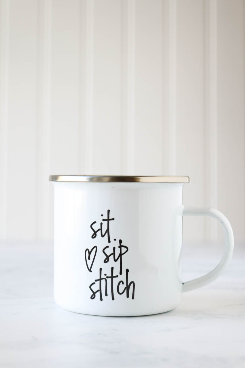 Sit Sip Stitch Enamel Camp Mug