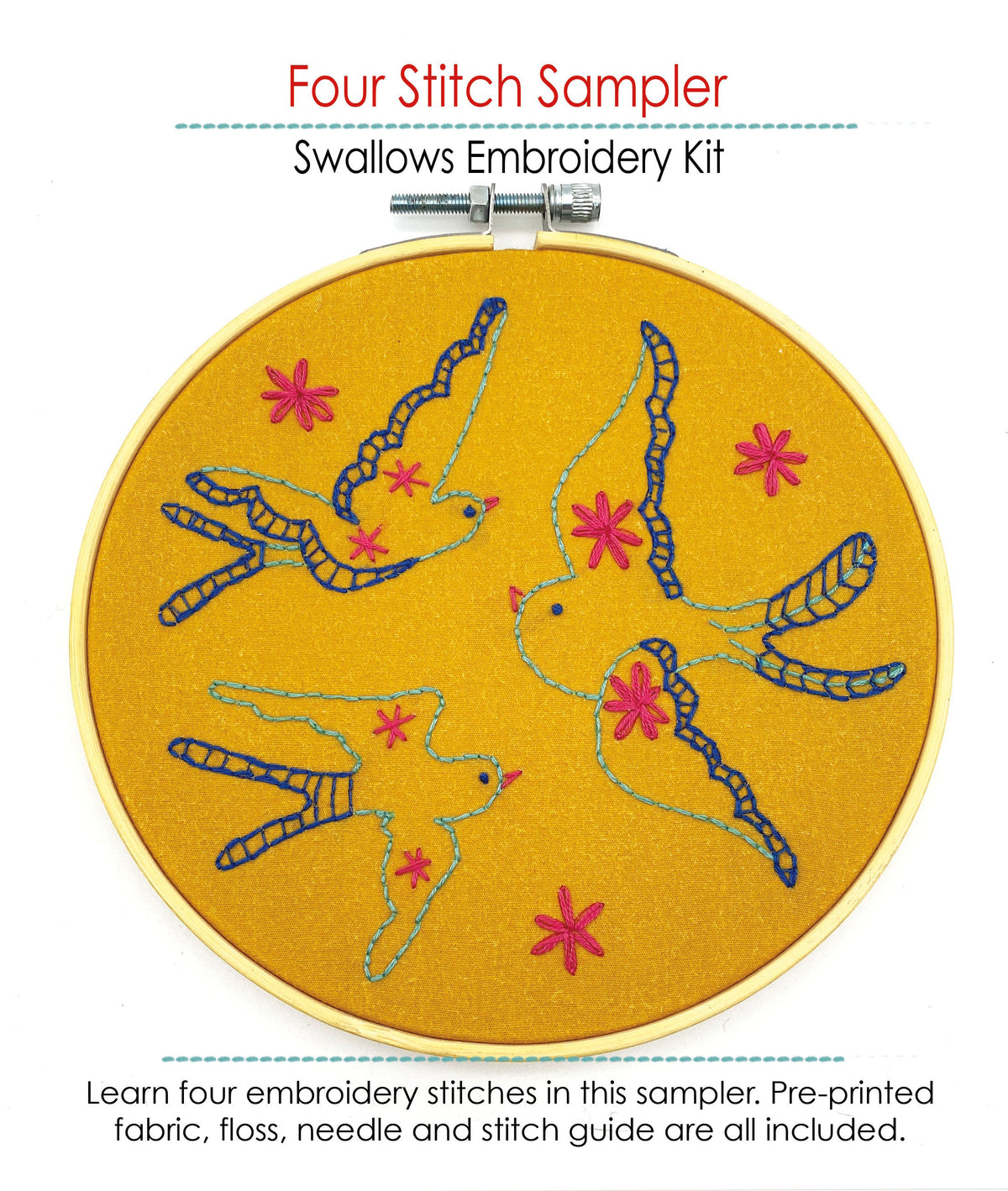 Four Stitch Hand Embroidery Sampler Kit - Swallows