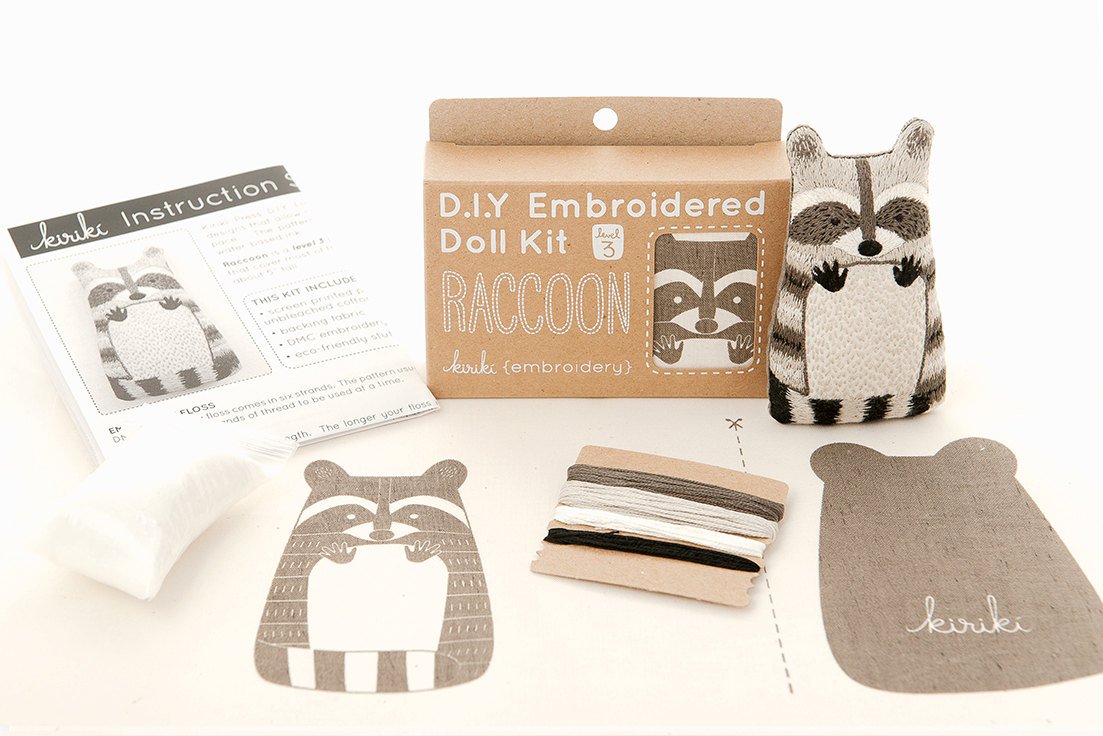 Hand Embroidered Plushie Doll Kit - Raccoon