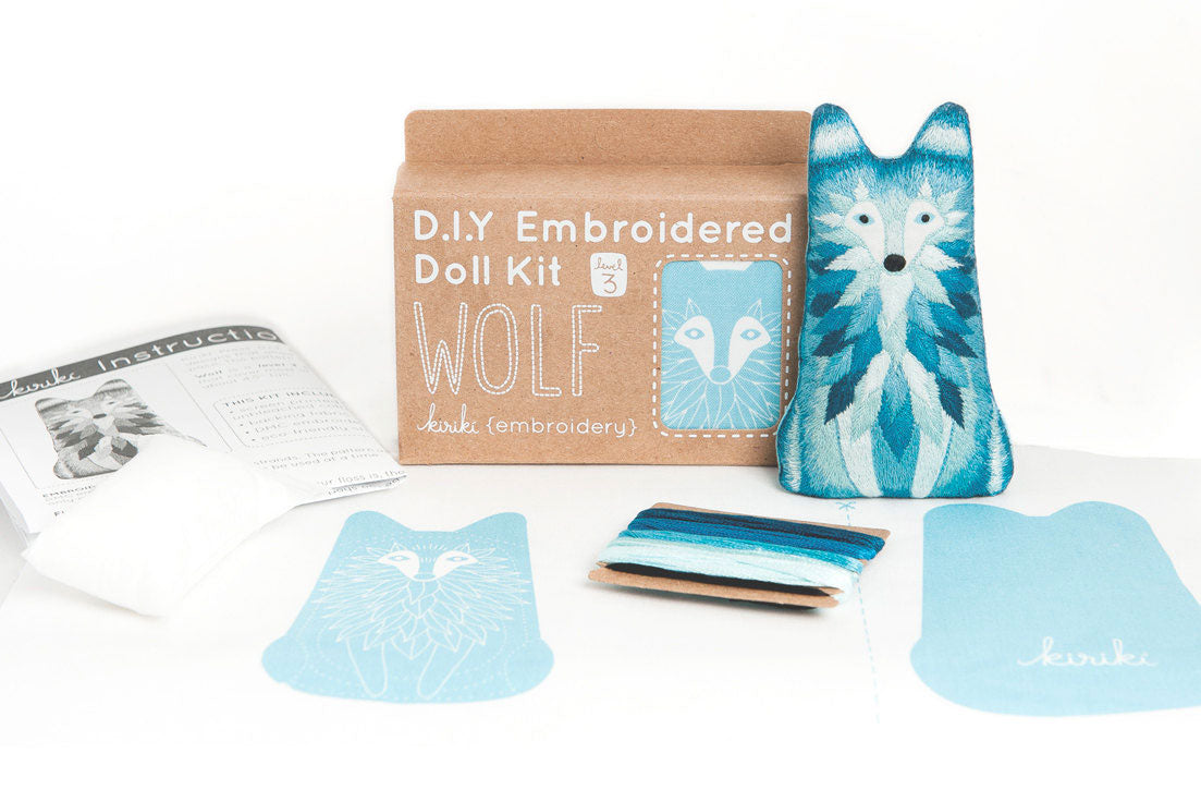 Hand Embroidered Plushie Doll Kit - Wolf