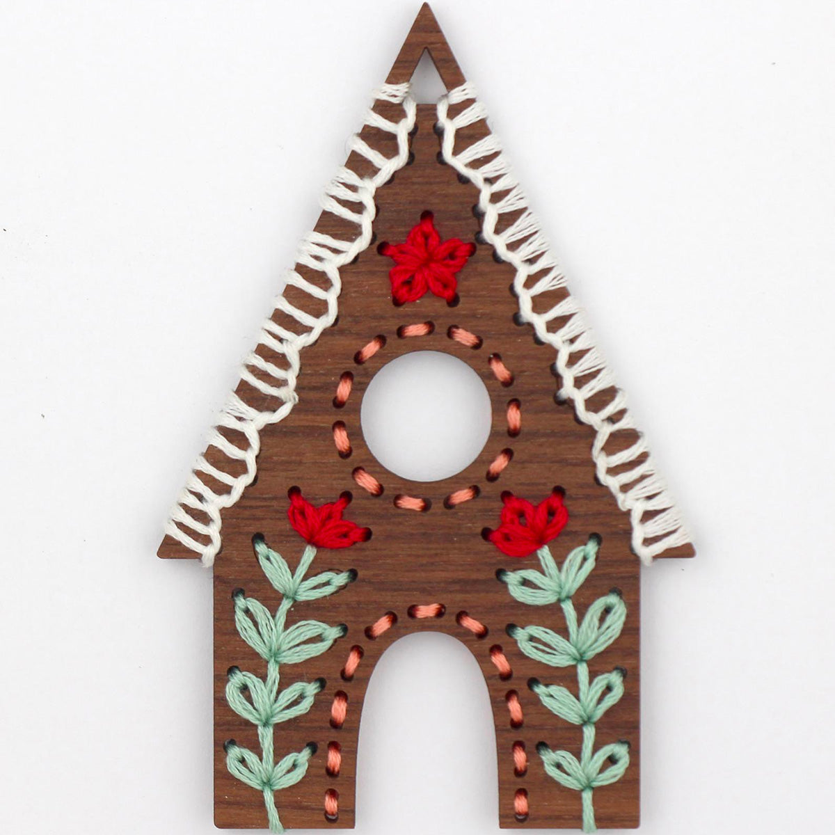 Hand Embroidered Wood Ornament Kit - Gingerbread House
