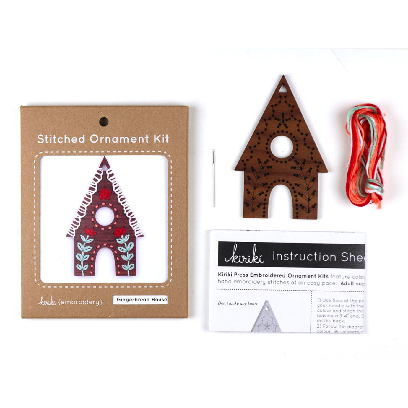 Hand Embroidered Wood Ornament Kit - Gingerbread House - Stitched Modern
