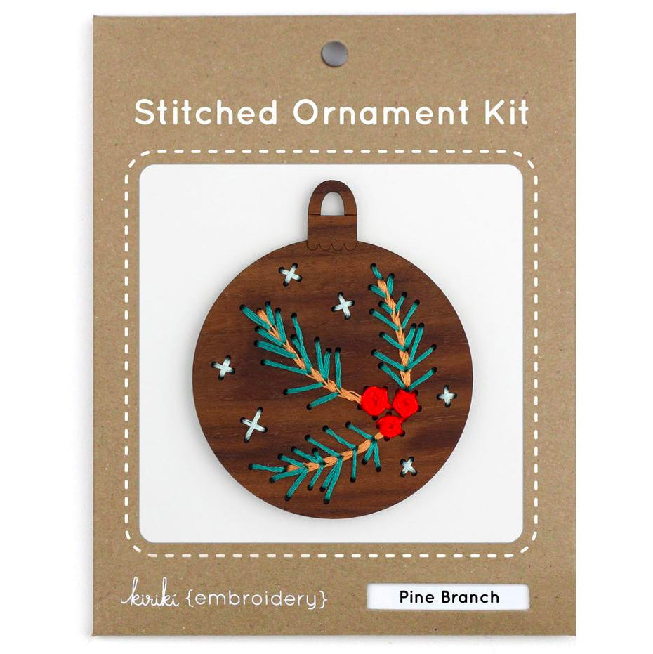 Hand Embroidered Wood Ornament Kit - Pine Branch - Stitched Modern