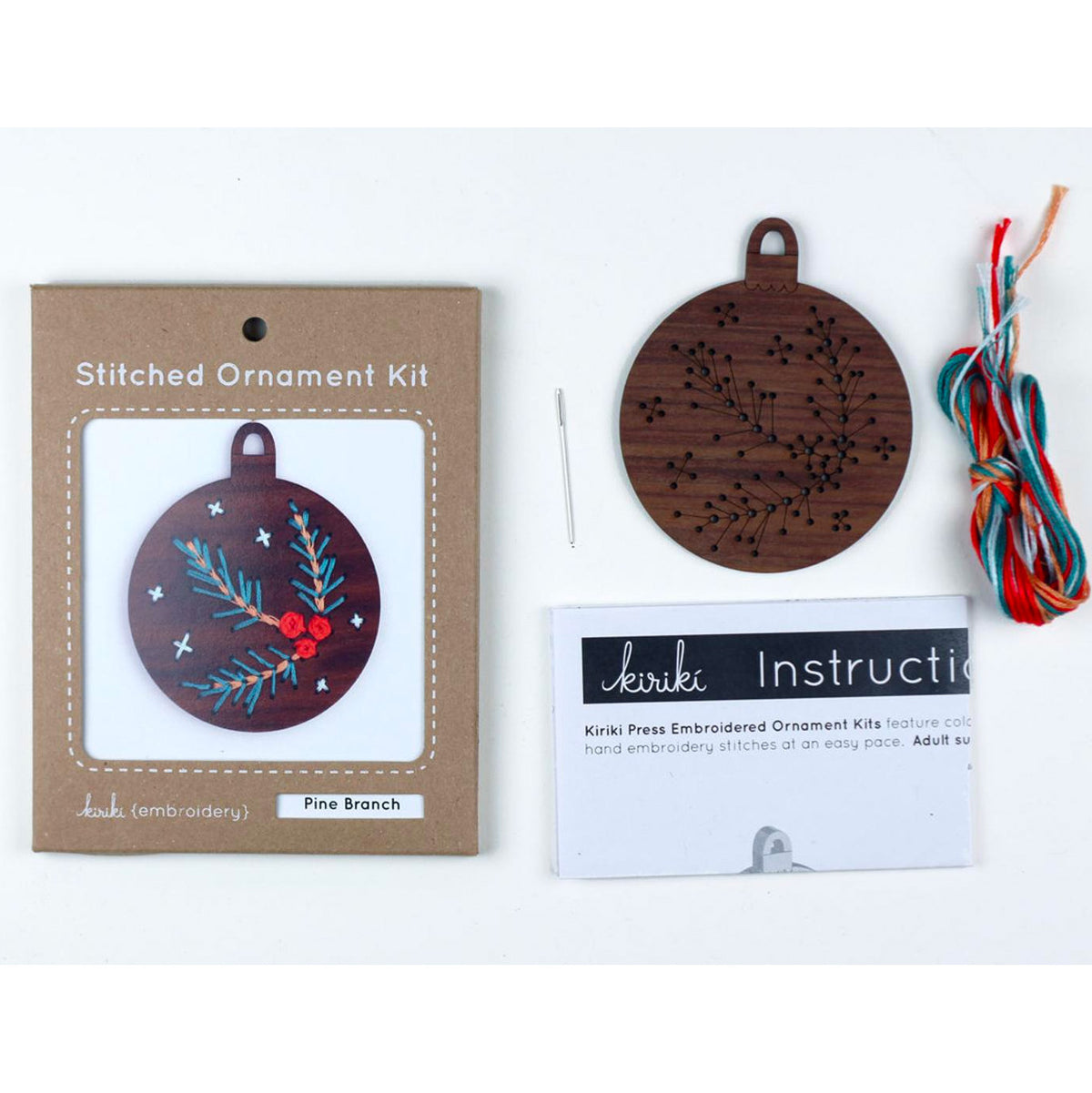 Hand Embroidered Wood Ornament Kit - Pine Branch