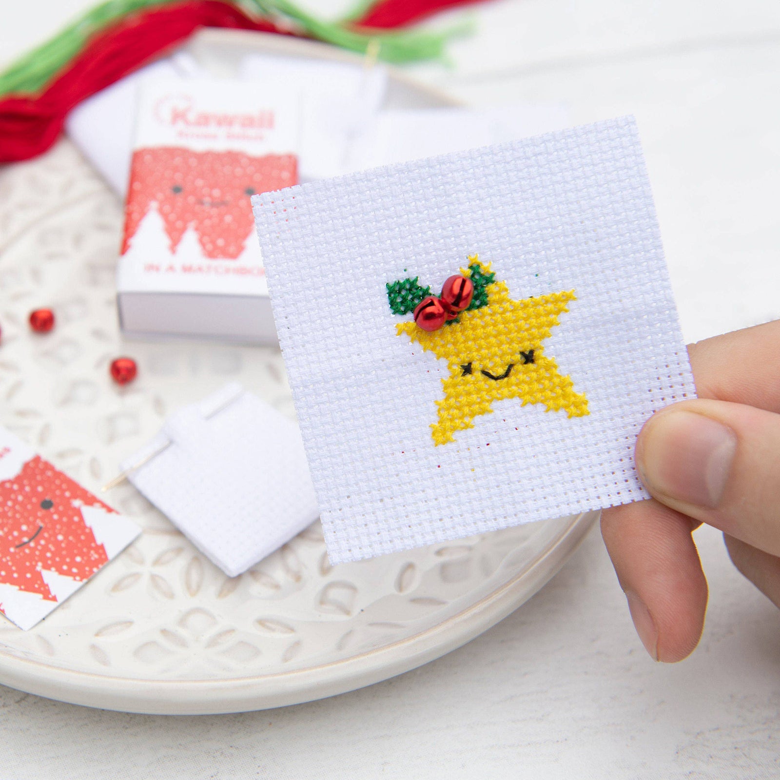Mini Matchbox Cross Stitch Kit - Christmas Star-Stitched Modern