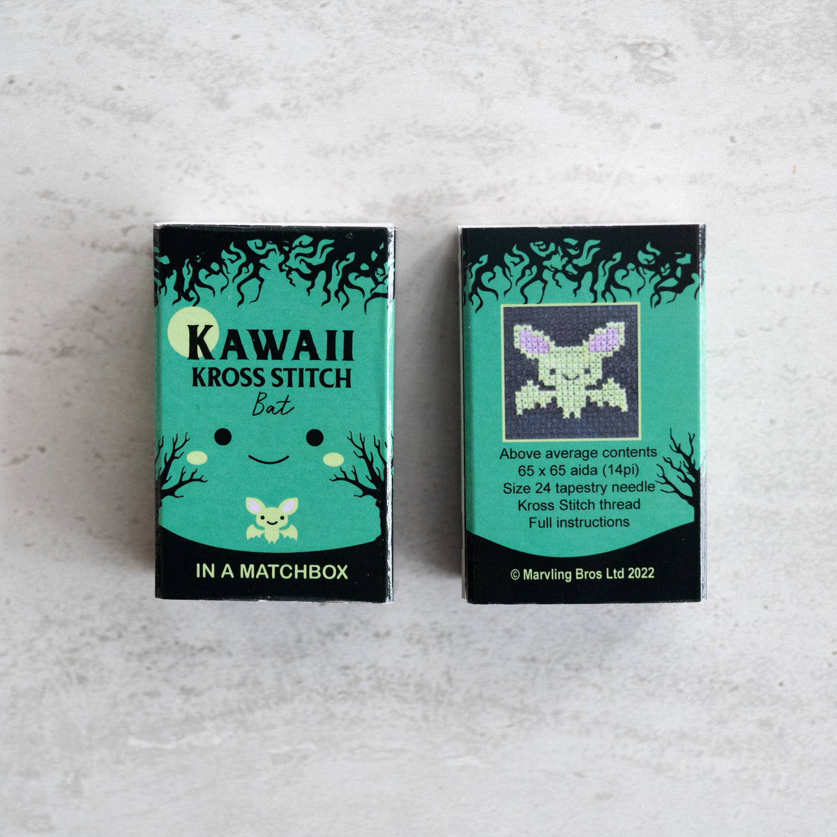 Kawaii Halloween Bat Mini Cross Stitch Kit in a Matchbox