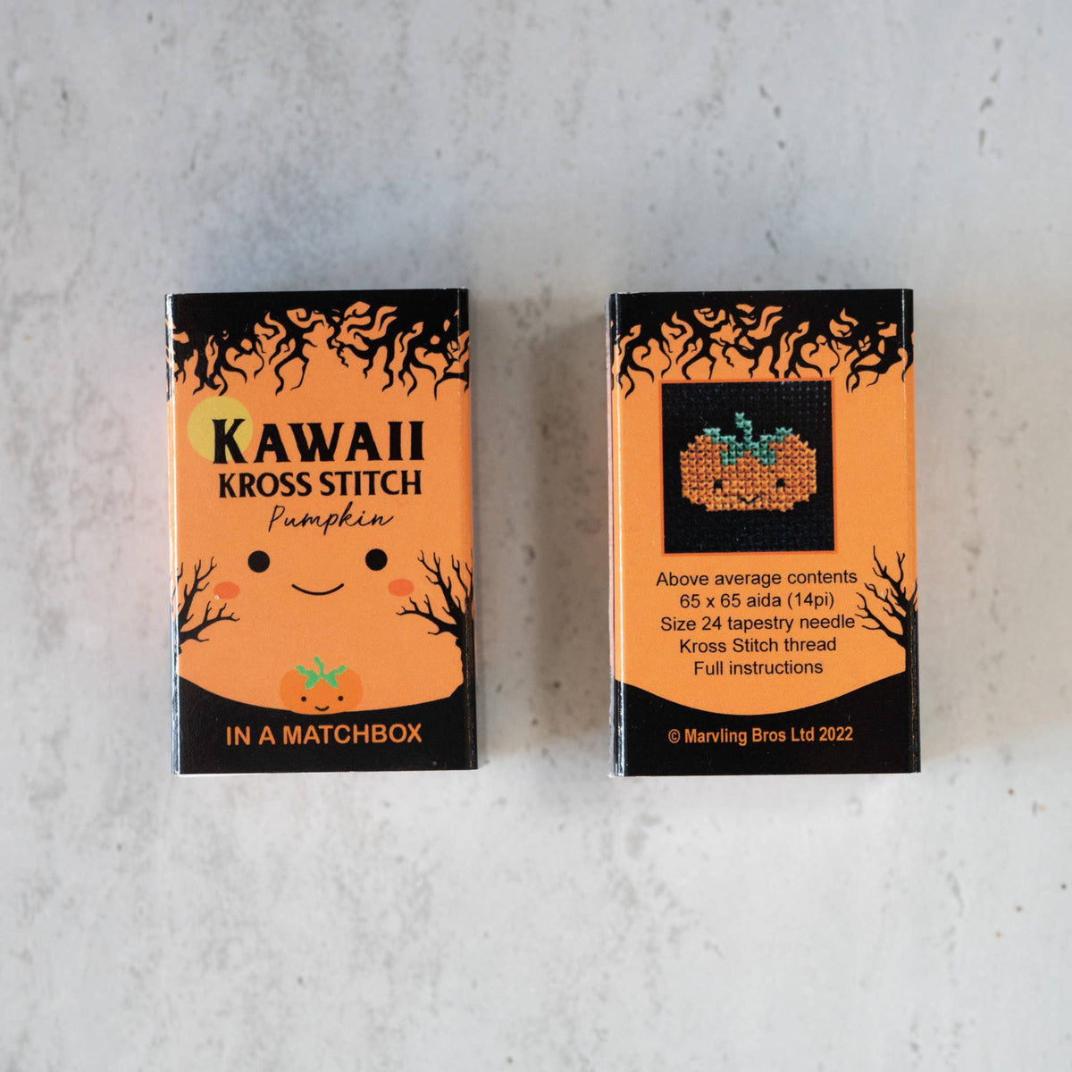 Kawaii Halloween Pumpkin Mini Cross Stitch Kit in a Matchbox