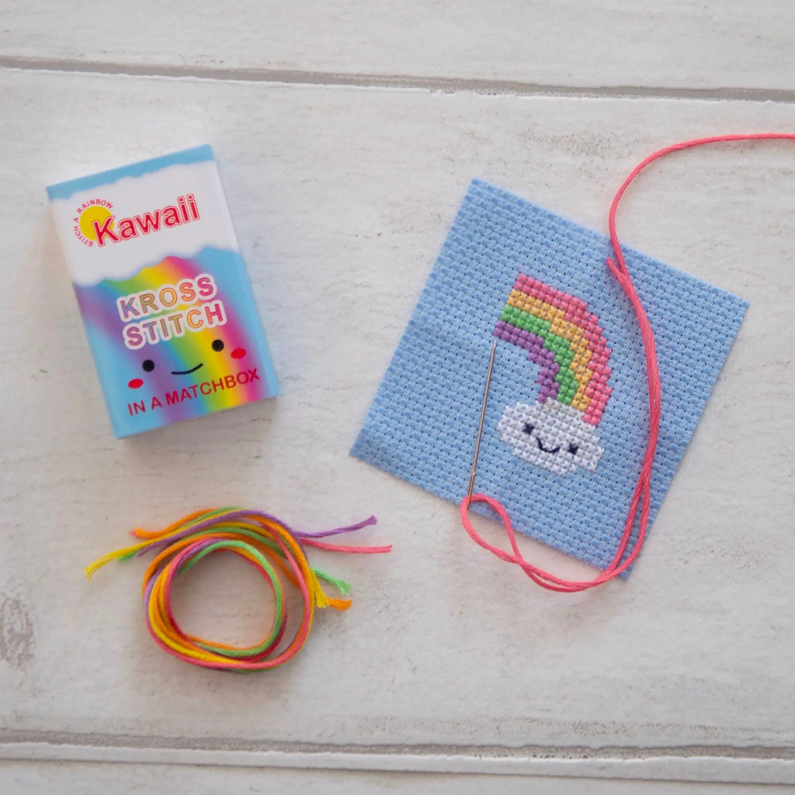 Mini Matchbox Cross Stitch Kit - Rainbow Cloud-Stitched Modern