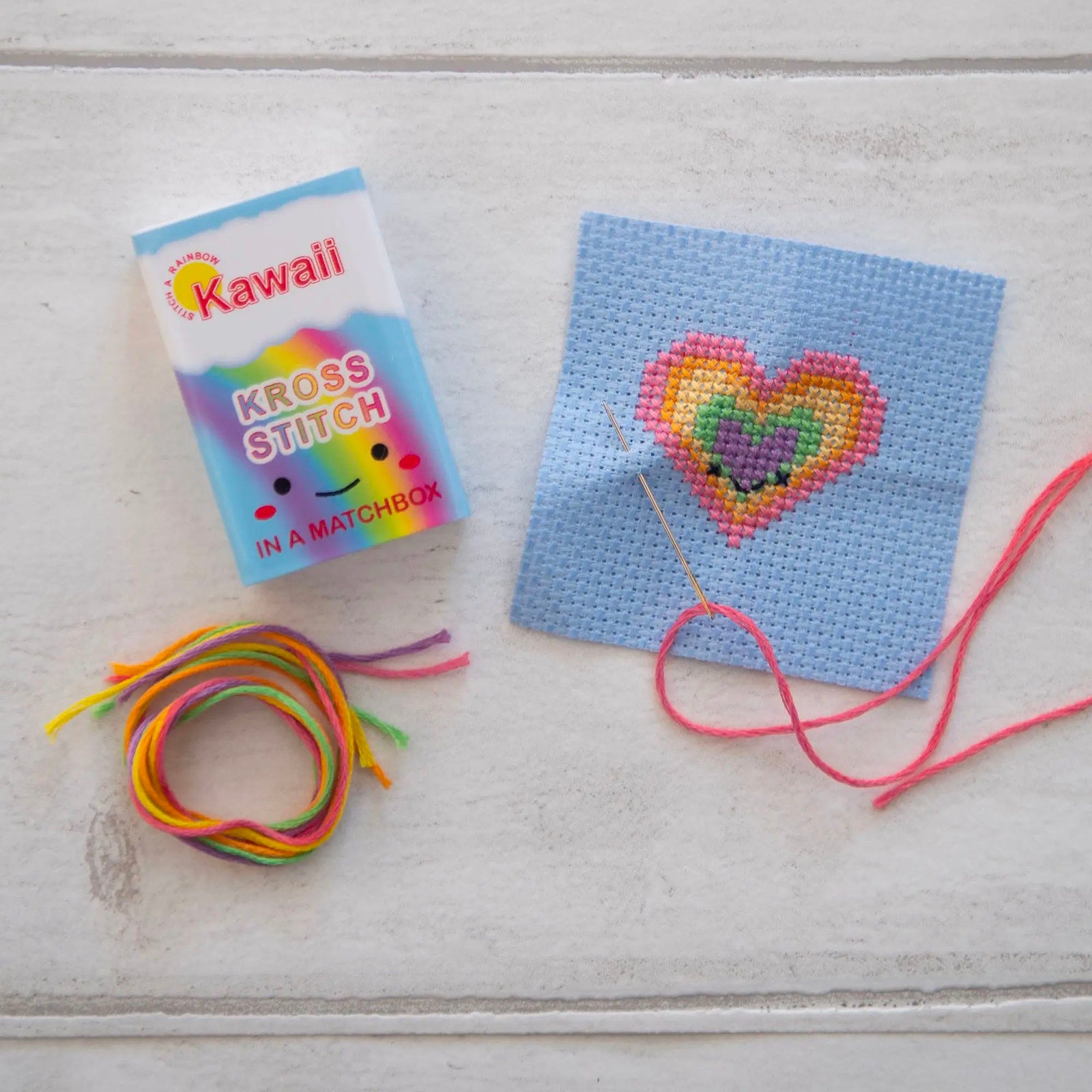 Mini Matchbox Cross Stitch Kit - Rainbow Heart-Stitched Modern