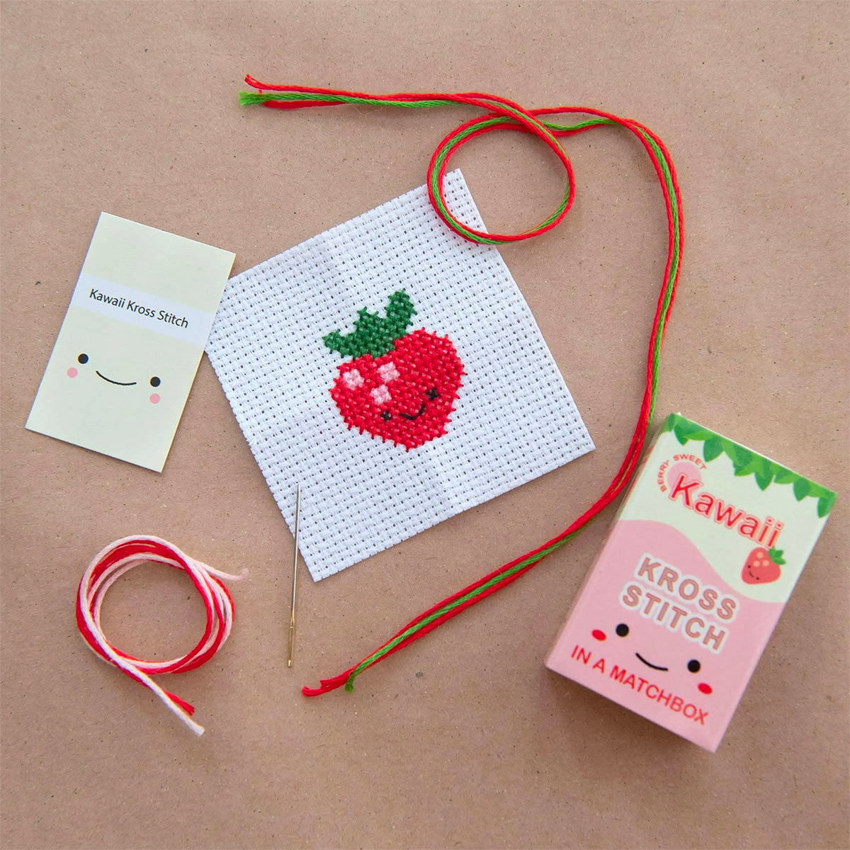 Mini Matchbox Cross Stitch Kit - Kawaii Strawberry - Stitched Modern