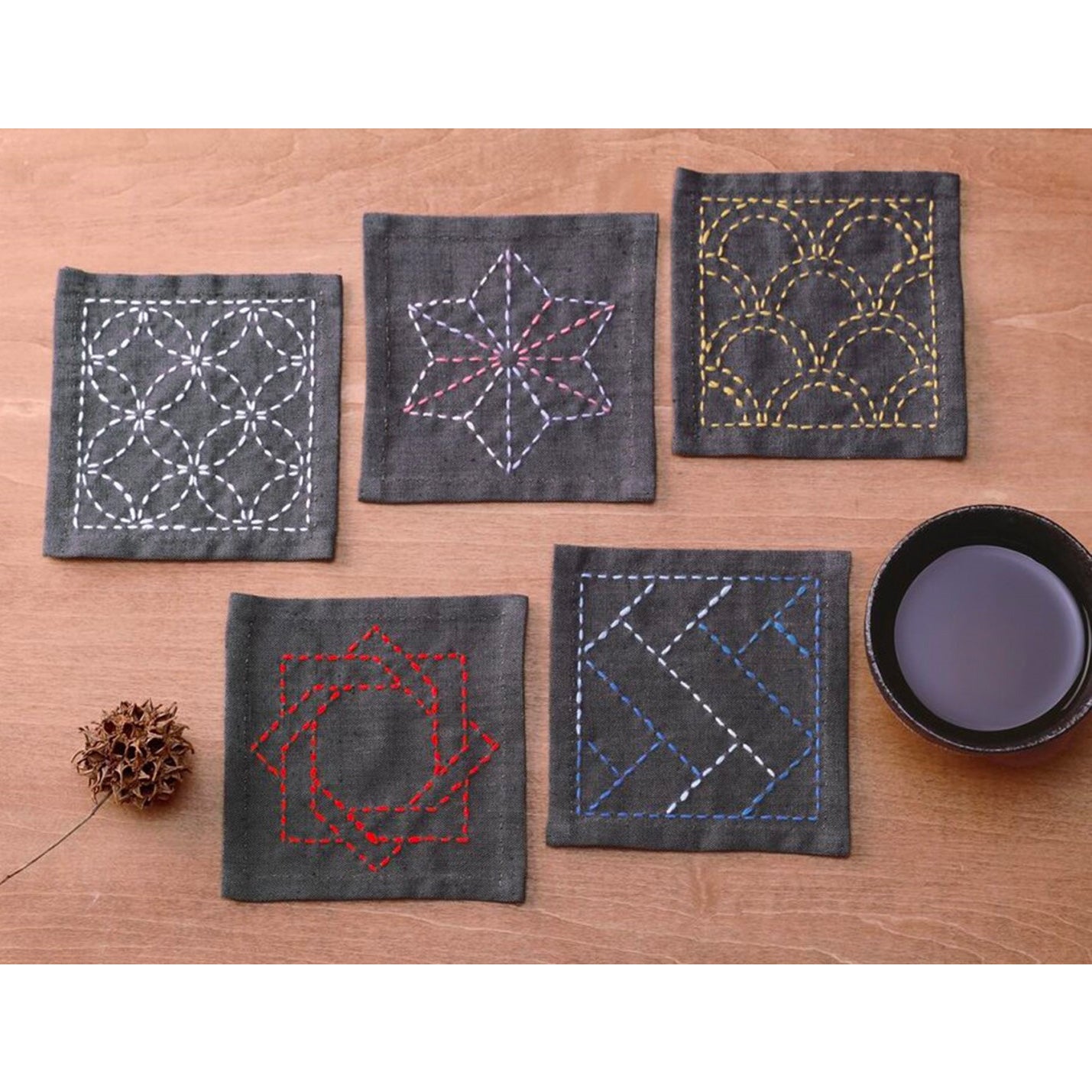Sashiko Embroidery Coaster Set