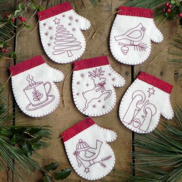 Redwork Mitten Ornament Wool Felt and Hand Embroidery Kit