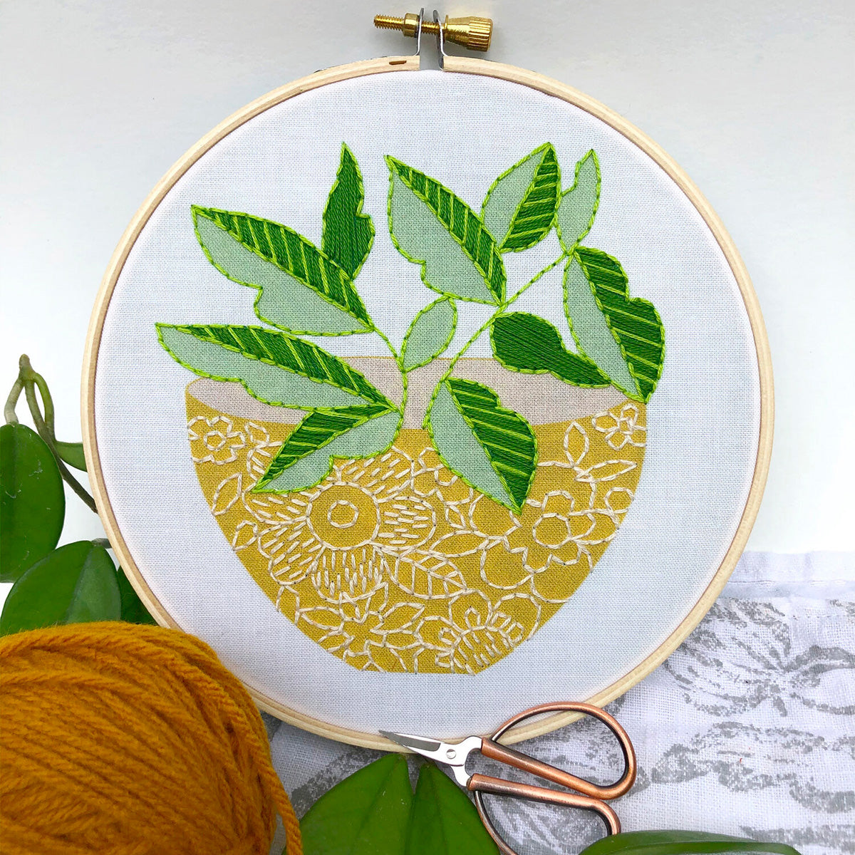 Yellow Flower Pot Hand Embroidery Kit