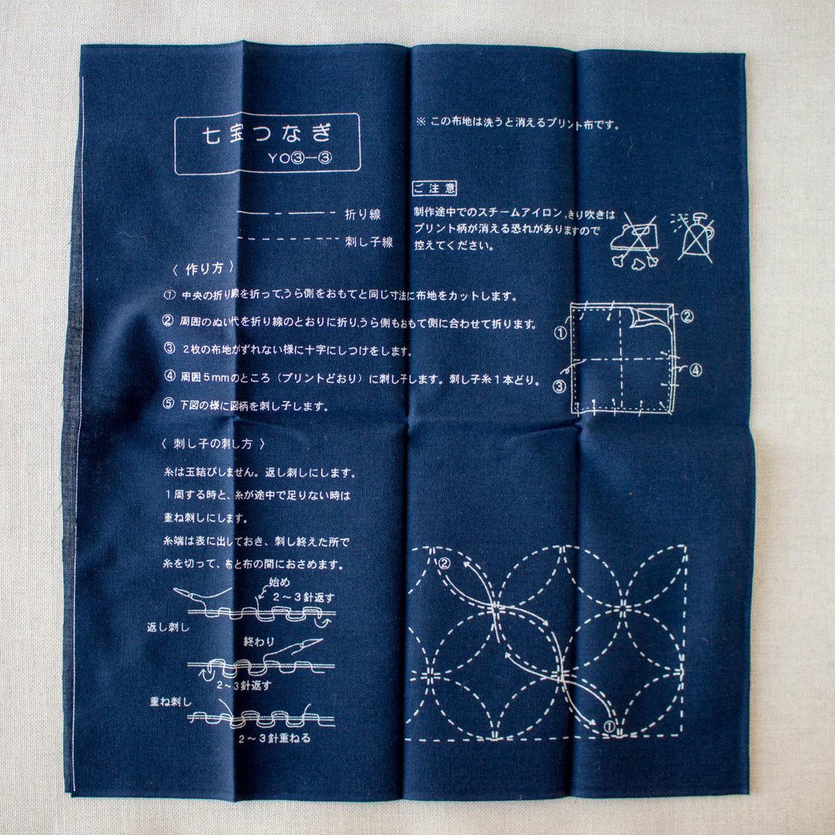 Japanese Sashiko Navy Blue Sampler Cloth - Interlocking Circles