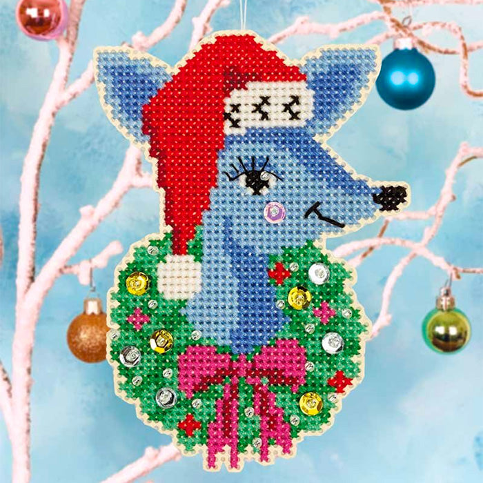 Deer Santa Cross Stitch Ornament Kit Stitched Modern