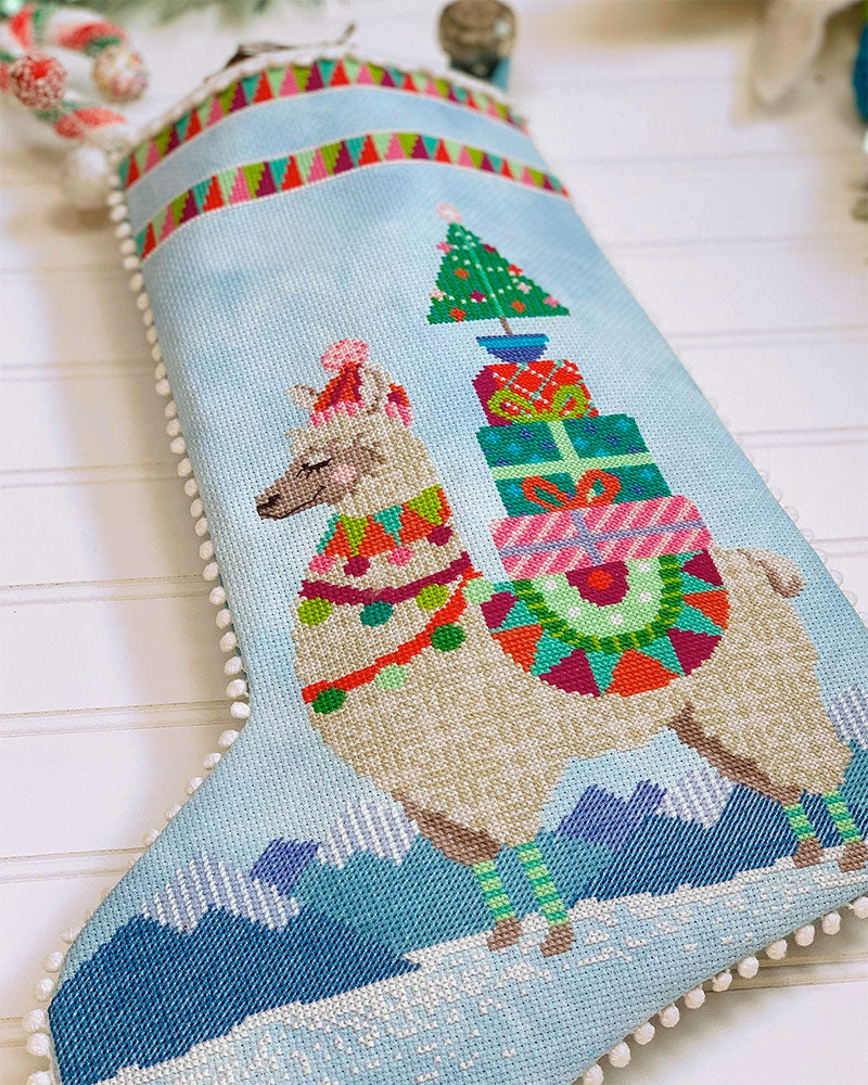 Fa-La-La-Llama Christmas Stocking Cross Stitch Pattern - Stitched