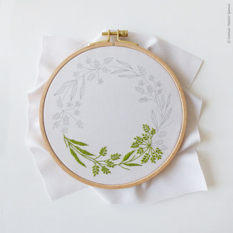 Green and White Wreath Hand Embroidery Kit