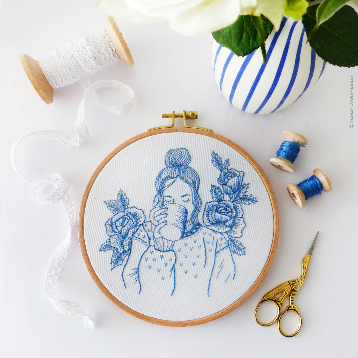 Blue Floral Lady Hand Embroidery Kit