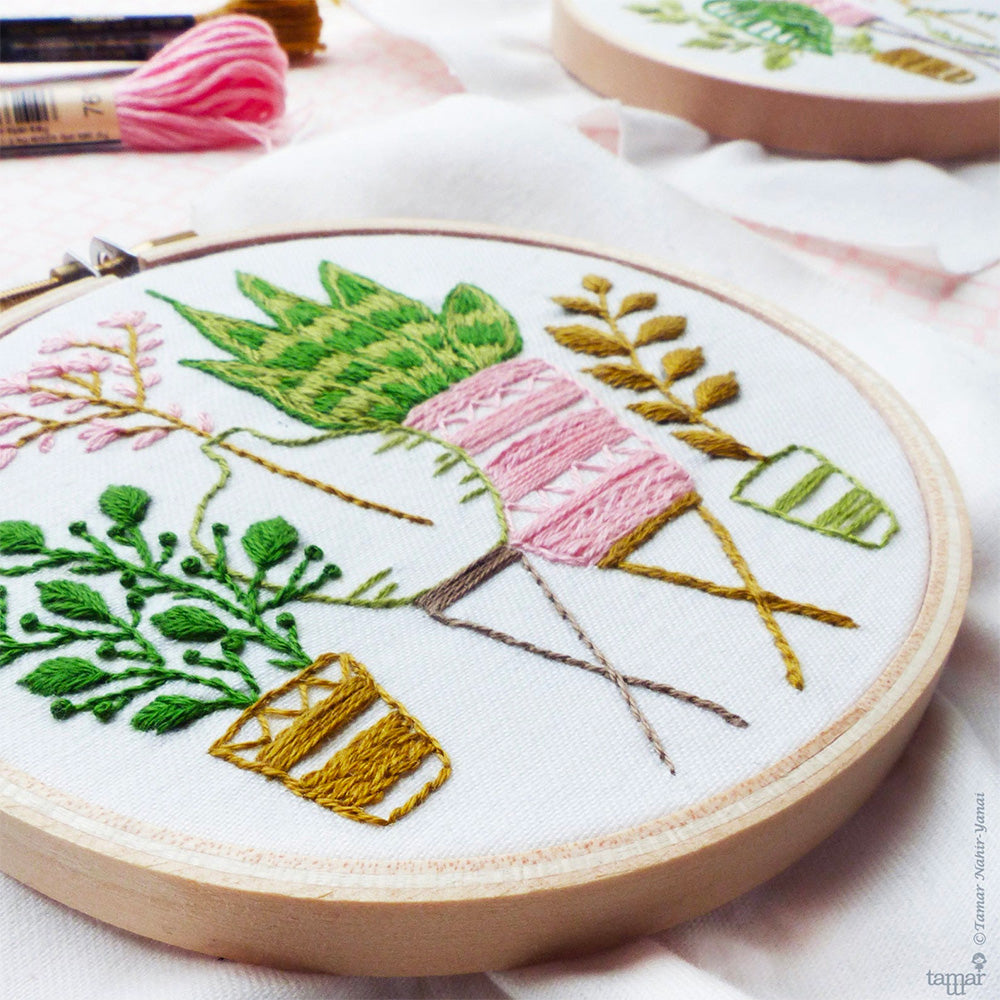 Pink and Green Houseplants Mini Hoop Hand Embroidery Kit