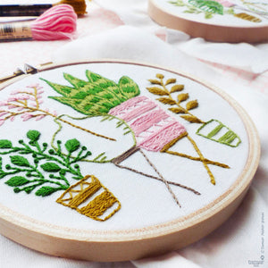 Pink and Green Houseplants Mini Hoop Hand Embroidery Kit - Stitched Modern