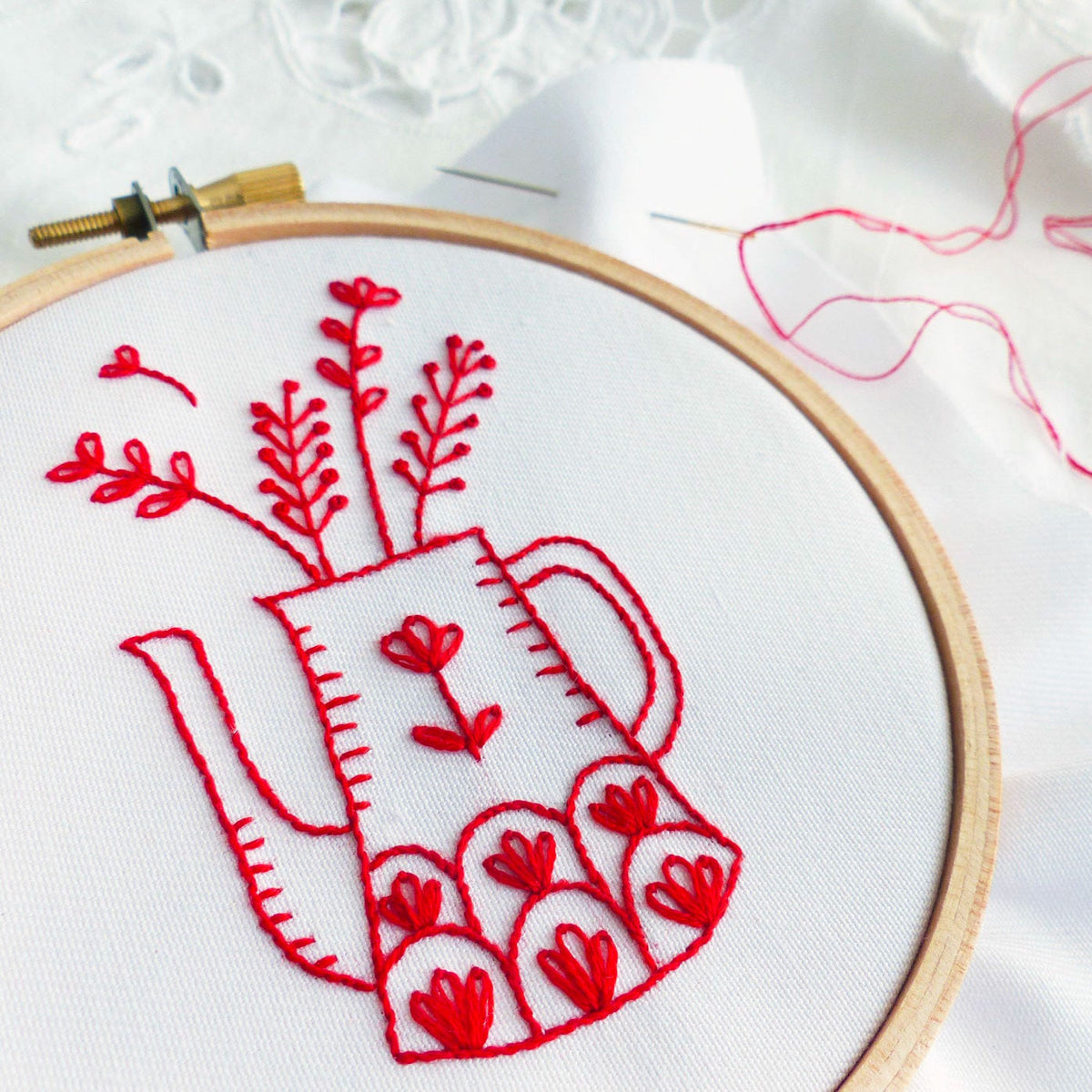 Redwork Vase Mini Hoop Hand Embroidery Kit