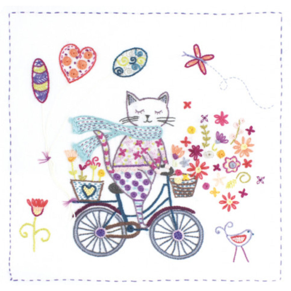French Hand Embroidery Kit - Cat&#39;s Life is Good on a Bicycle