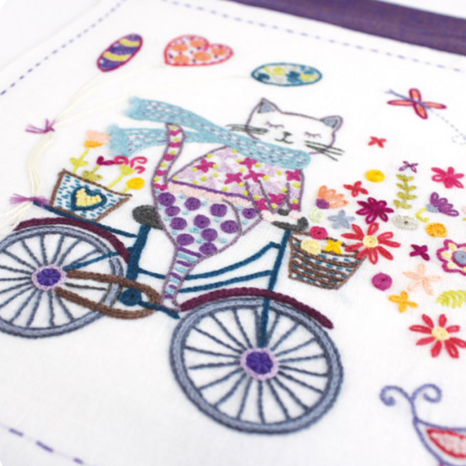 French Hand Embroidery Kit - Cat&#39;s Life is Good on a Bicycle